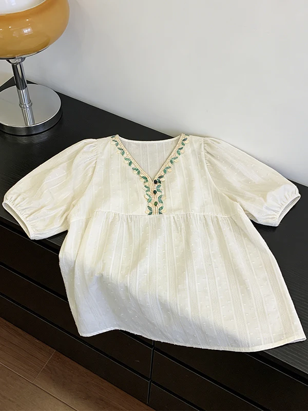 

plus Size Lace V-Neck Chiffon Short Sleeve Shirt Women's Summer New Style Belly Cover Doll Shirt Versatile Top Korean Style C...