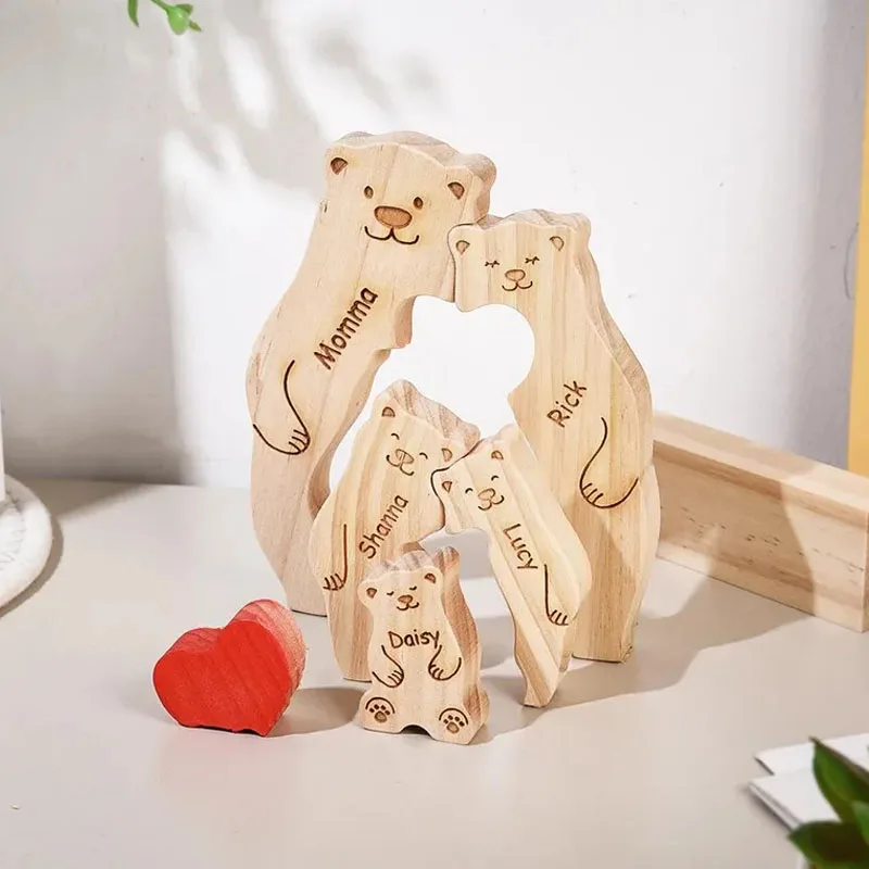 Bear Family Wooden Puzzle Personalized Custom Name for Birthday Gift Family Name Sculpture Home Desk Decor Free Engraving