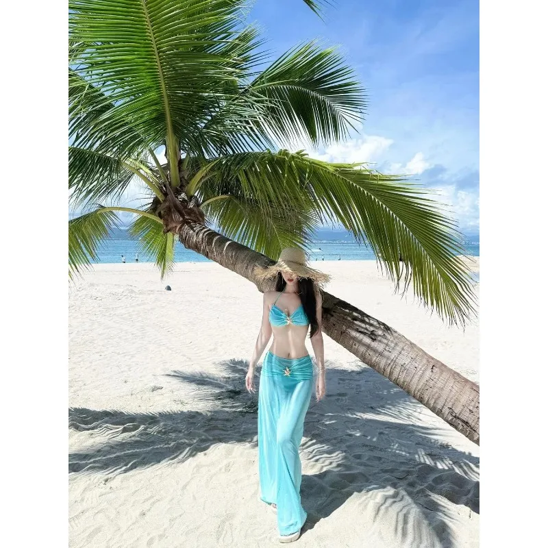 

Women's 2 Piece Starfish Decor Bikini Set with Sheer Maxi Skirt Beach Cover Swimwear