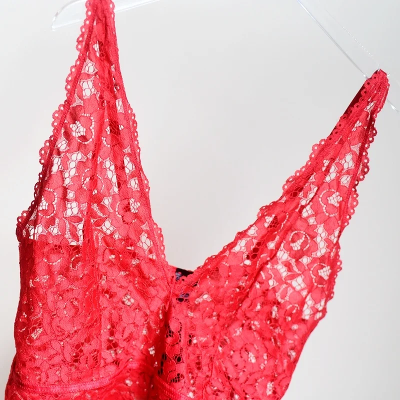 Roter Spitzen-Body für Damen, enger Riemen, Basisschicht-Unterwäsche, hohe Taille, Nylon-Hosen-Body ter Ne Design