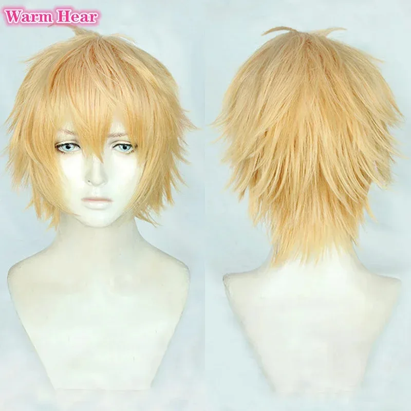 Denji-Cosplay corto dorado de 30cm para hombre, pelo resistente al calor con diente, pelucas de juego de rol para fiesta de Halloween + gorro de peluca