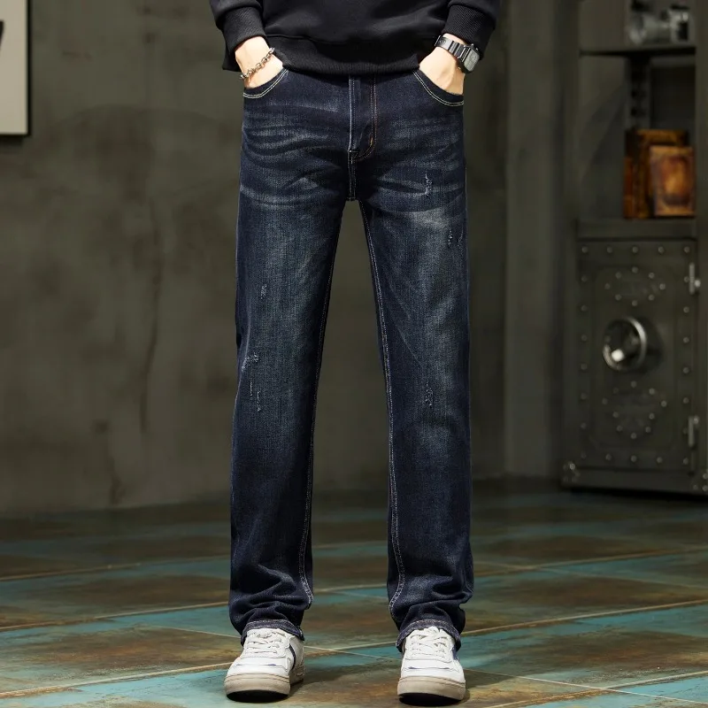 

2026 Spring Business Casual Jeans For Men Classic Straight Denim Pants Fashion Pockets Design High Quality Long Trousers