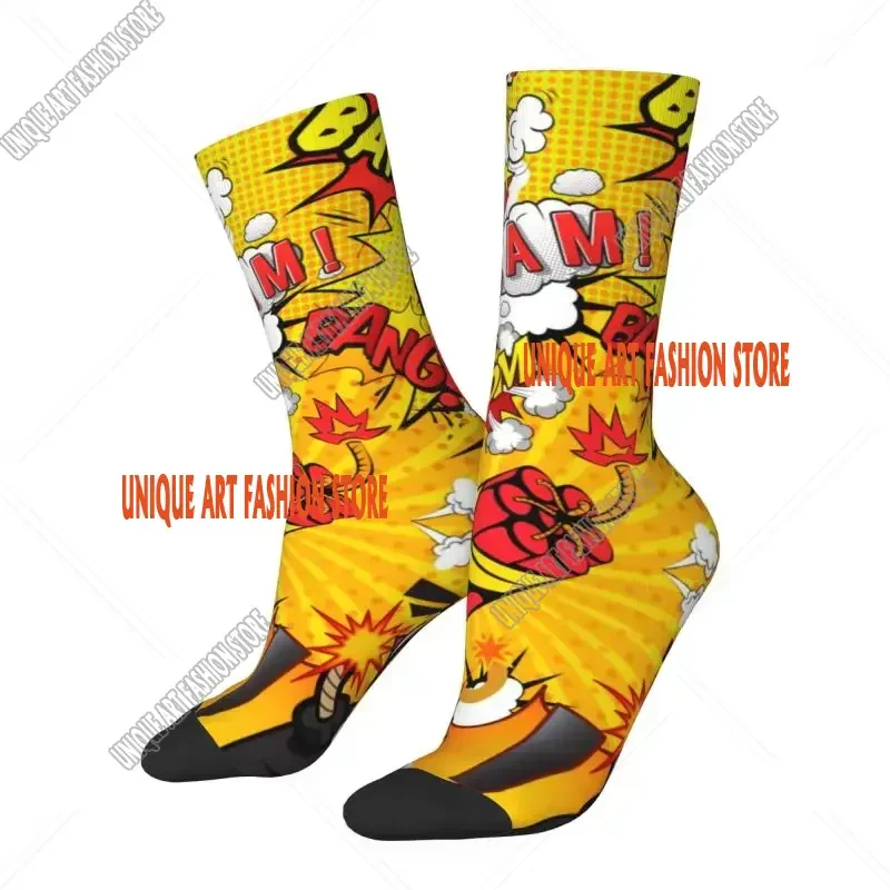 

Custom Cartoon Wow Boom Bang Pattern Male Dress Sock Mens Womens Breathable Fashion Novelty Cool Graffiti Art Crew Socks