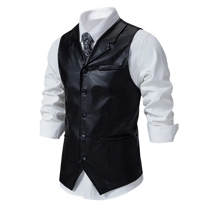 Vintage Black Motorcycle Vest For Men Lapel Pu Leather Sleeveless Waistcoats Male Retro Fashion Locomotive Gilet Clothing Hombre