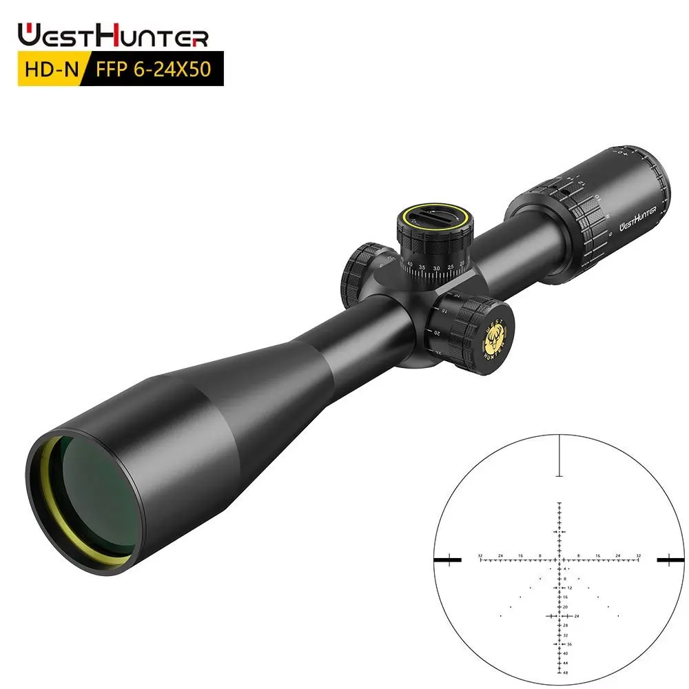 WestHunter HD-N 6-24x50 FFP Langstrecken-Jagdzielfernrohr Erste Fokalebene 1/8 MOA Turm HD-Glas Geätztes Fadenkreuz Optische Visiere