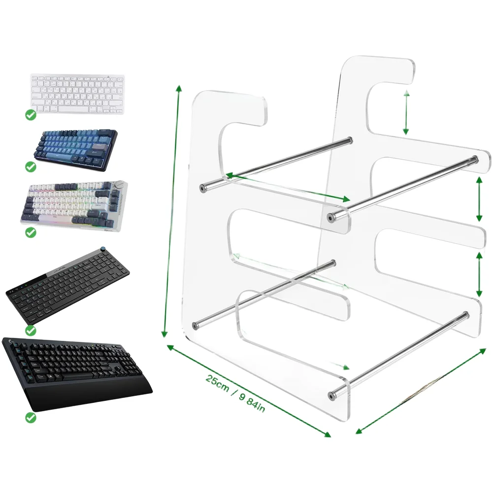 Keyboard Storage Rack For acrylic 3-Level Desk Organizer Fits Standard Keyboards 25x22x29.8cm Clear and Matte Black