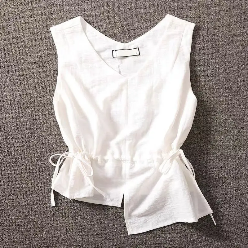

Sleeveless Drawstring Irregular Casual Blouse Summer New Solid Loose Simplicity Vintage Shirt Tops Fashion Office Women Clothing