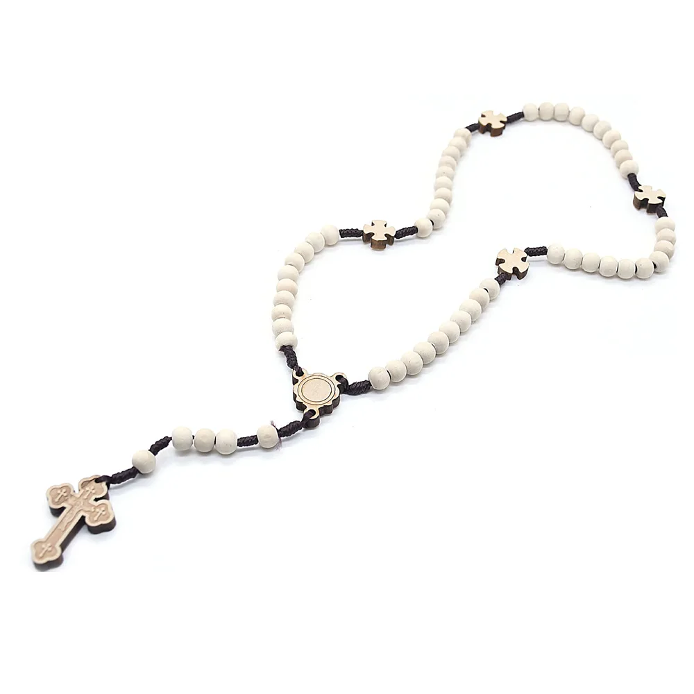 Log Wooden Beads Hand Woven Religious Belief Cross Rosary Pendant Necklace Church Prayer Baptism Men Women Jewelry Souvenir Gift