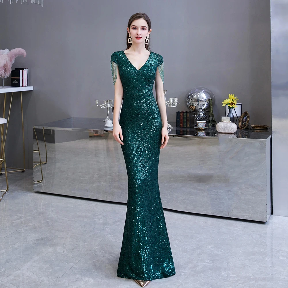 

Luxury Dark Green Sequin Prom Dresses Formal Occasion Dresses Sexy V-Neck Cap Sleeve Beading Mermaid Long Evening Party Dresses