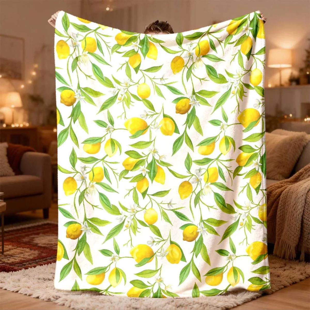 Watercolor Lemon Fruit Flannel Blanket, Spring Leaf Blossom Citrus Art Throw for Living Room Bedroom & Warm Holiday Gift Picks
