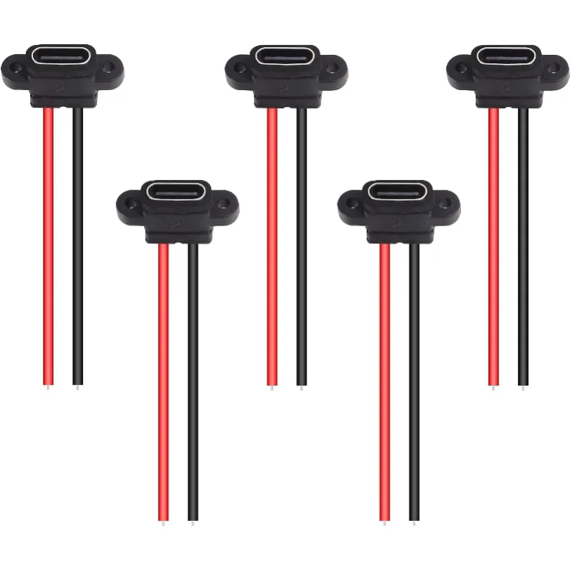 5PCS Type-C Female Chassis 2 Pin Type-C Female Socket Connector Waterproof Jack Female Charging Port 3A USB-C Charger Plug Socke