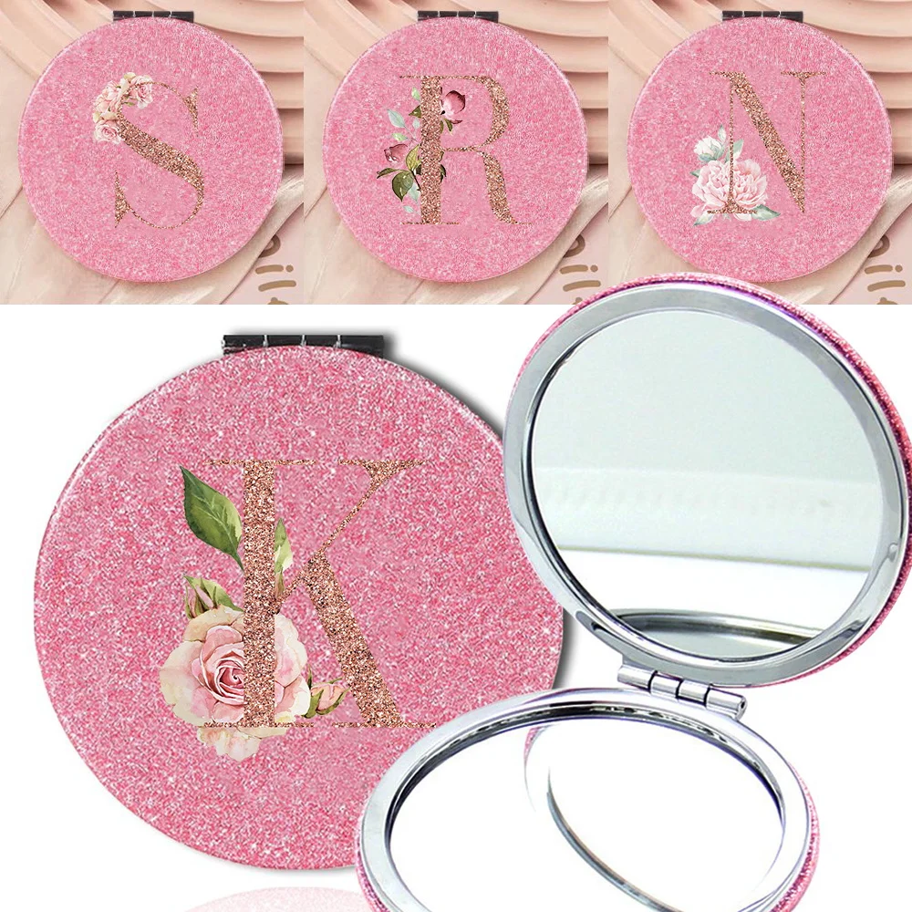 1x2x Magnifying Makeup Mirror Shining PU Vanity Mirror Exquisite Cosmetic Mirror Rose Gold Initial 26 Letters Pattern