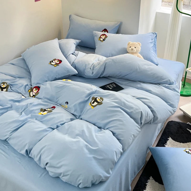 Penguin Diary Embroidery Bedding Set Twin Queen Duvet Cover Set Pillowcase for Adult Kids Bed Flat Sheet Cute Quilt Cover Kawaii