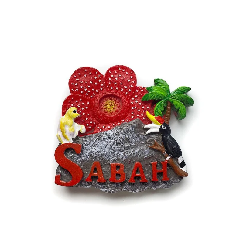 

Malaysia Sabah 3D Resin Refrigerator Magnets Fridge Magnet with Sabah Bunga Raya, Hornbill & Palm Mountain Scene Home Decor Item