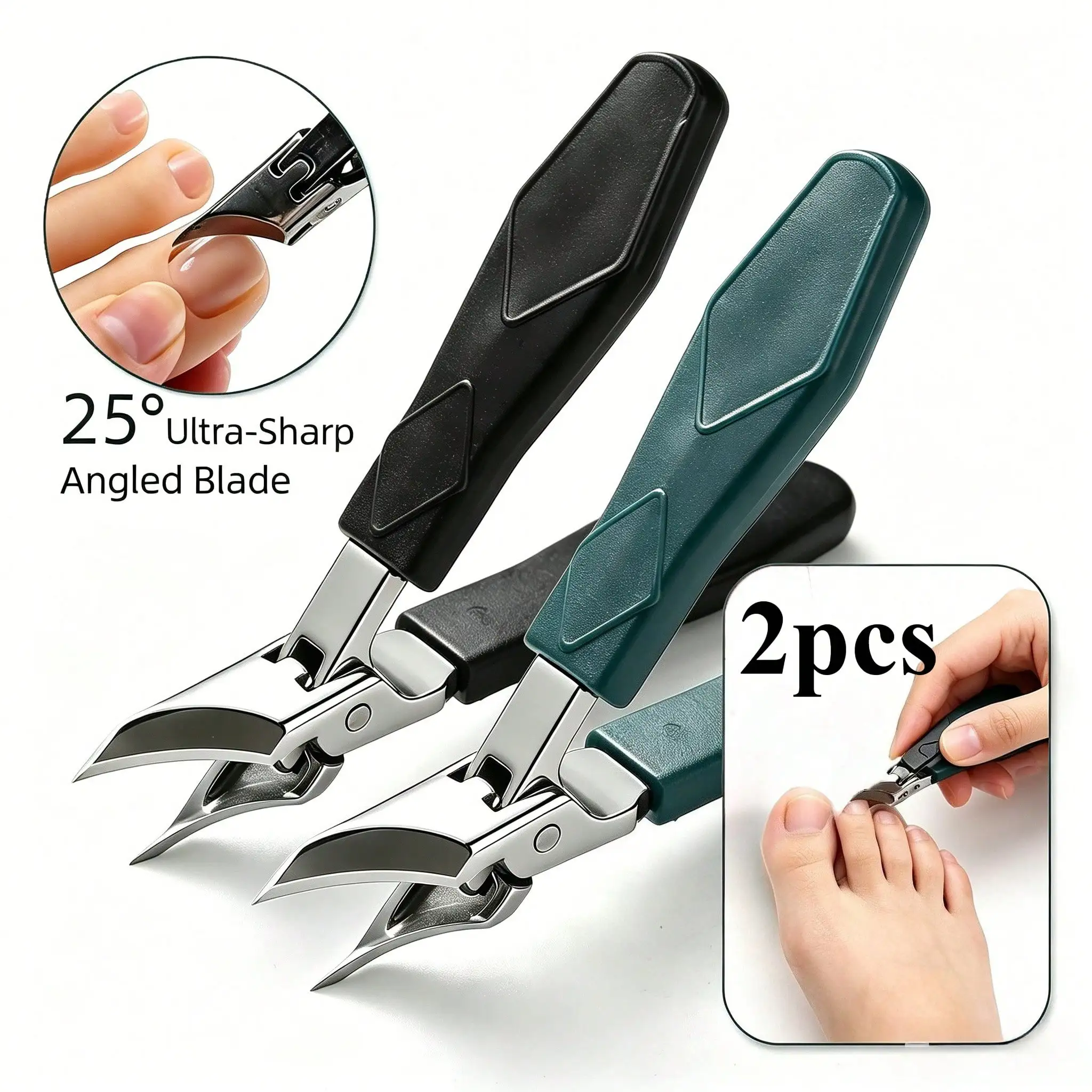 1/2Pcs 25° Eagle Beak Ingrown Nail Clipper Set, Stainless Steel Thick Nail Cutters, Non-Slip Handle