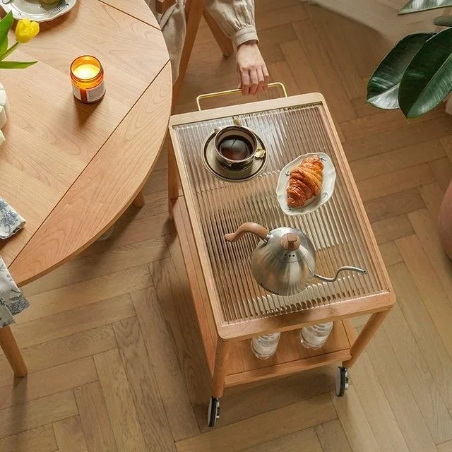 HYS Nordic solid wood sofa edge small apartment living room cherry glass coffee table Japanese movable trolley with wheels