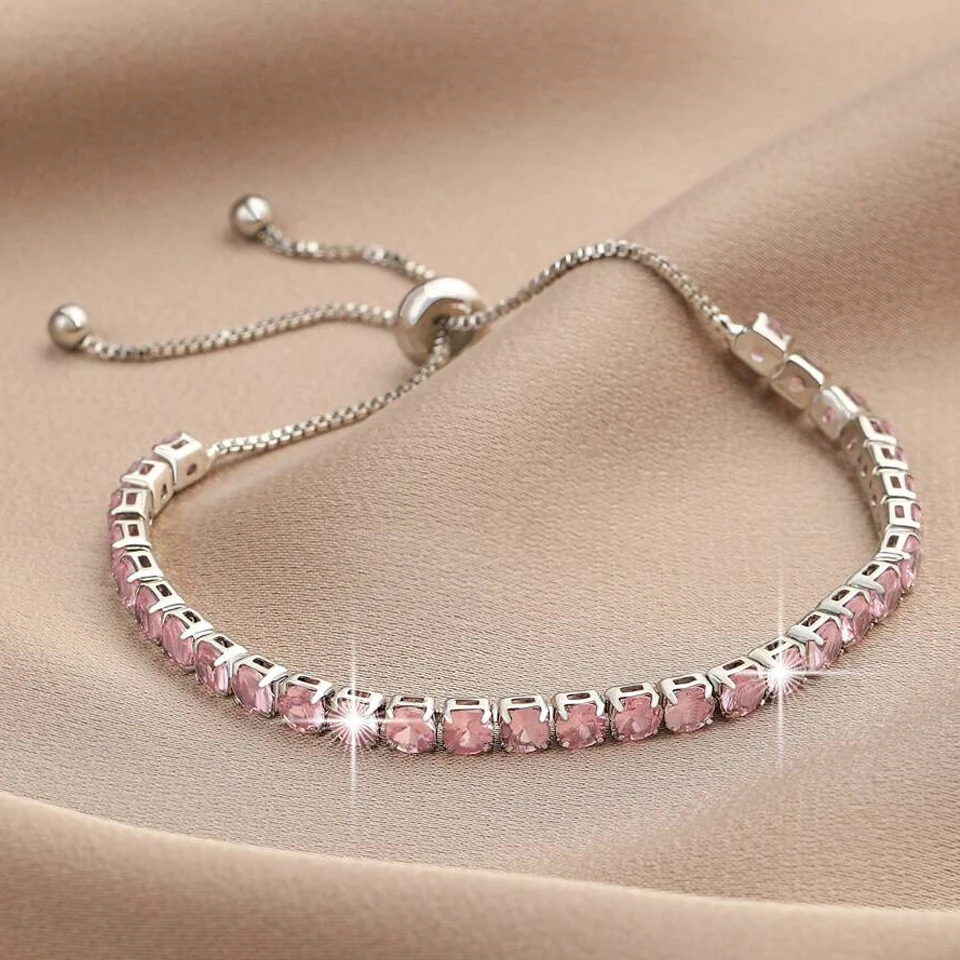ZAKOL 2 Pcs Set 4 MM Round Zircon Tennis Bracelet for Women Shiny Geometric Pink AAA Cubic Zirconia Fashion Jewelry Gifts