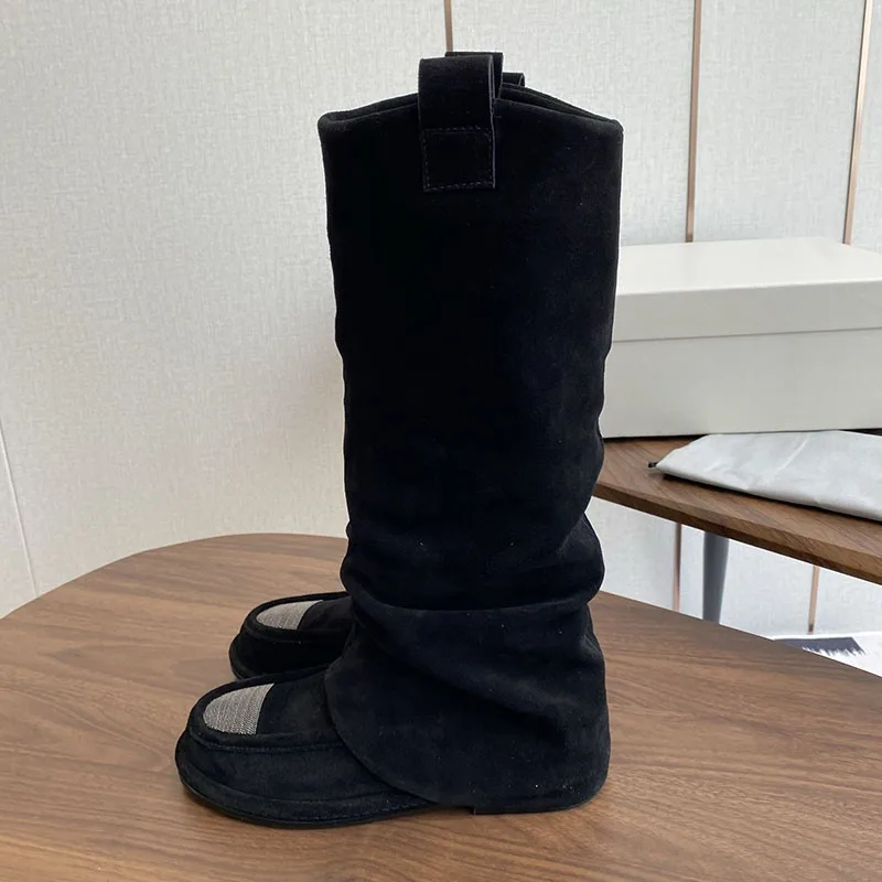 New Long Botas Spring Autumn Women Round Toe British Style knee-hight Boots Cow Suede String Bead Decor Motorcycle Boots