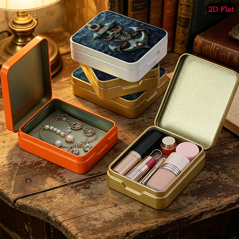 Antique Anchor Theme Portable Square Flip Top Tin Box, UV Printed Custom Pattern Tinplate Box, Durable Anti-rust Metal Tin Box