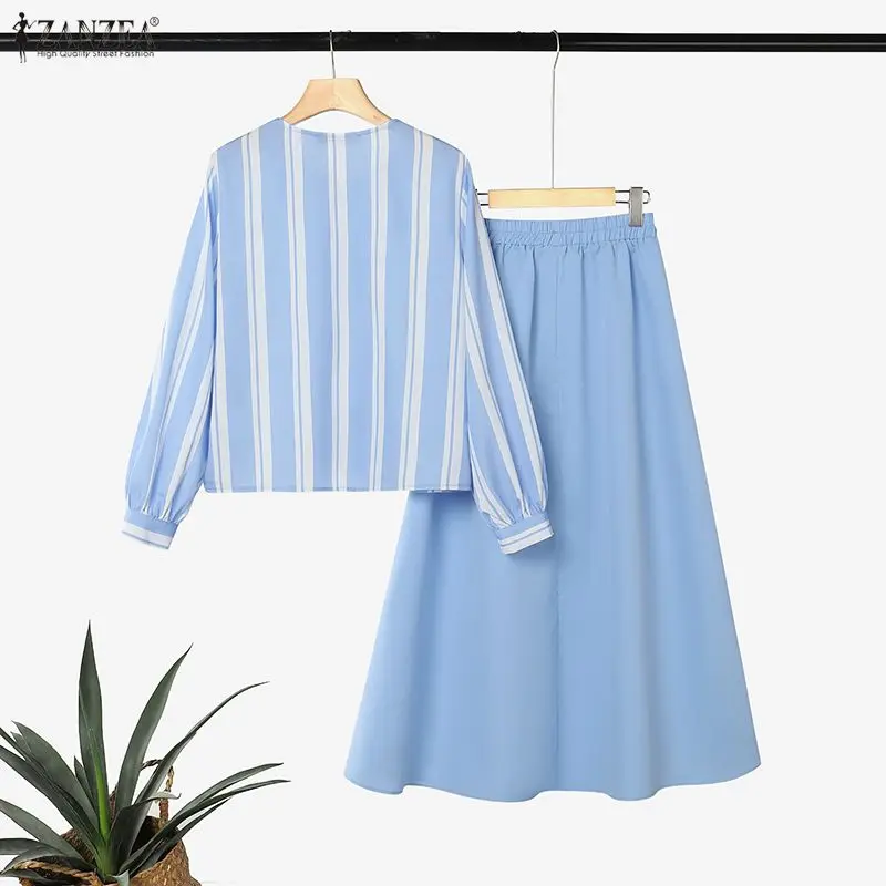 ZANZEA Muslim Islamic 2 Piece Matching Sets Women's Casual Striped O-Neck Shirt & A-Line Maxi Skirt Suits Hijabis Modest Outfits