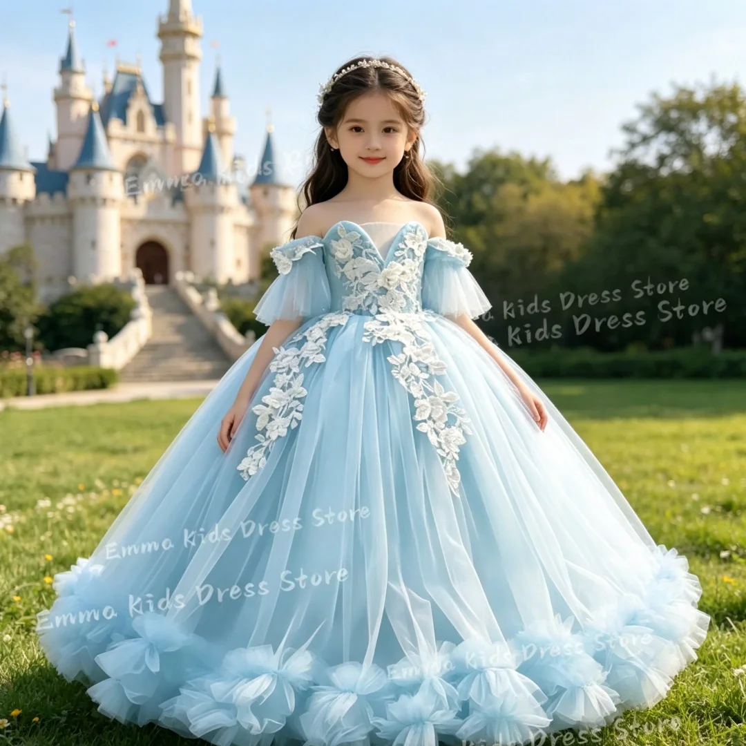 Robe de demoiselle d'honneur bleu ciel à épaules dénudées, avec appliques florales 3D, en tulle, robe de bal de princesse, tenue pour enfants pour fête d'anniversaire ou invitées de mariage