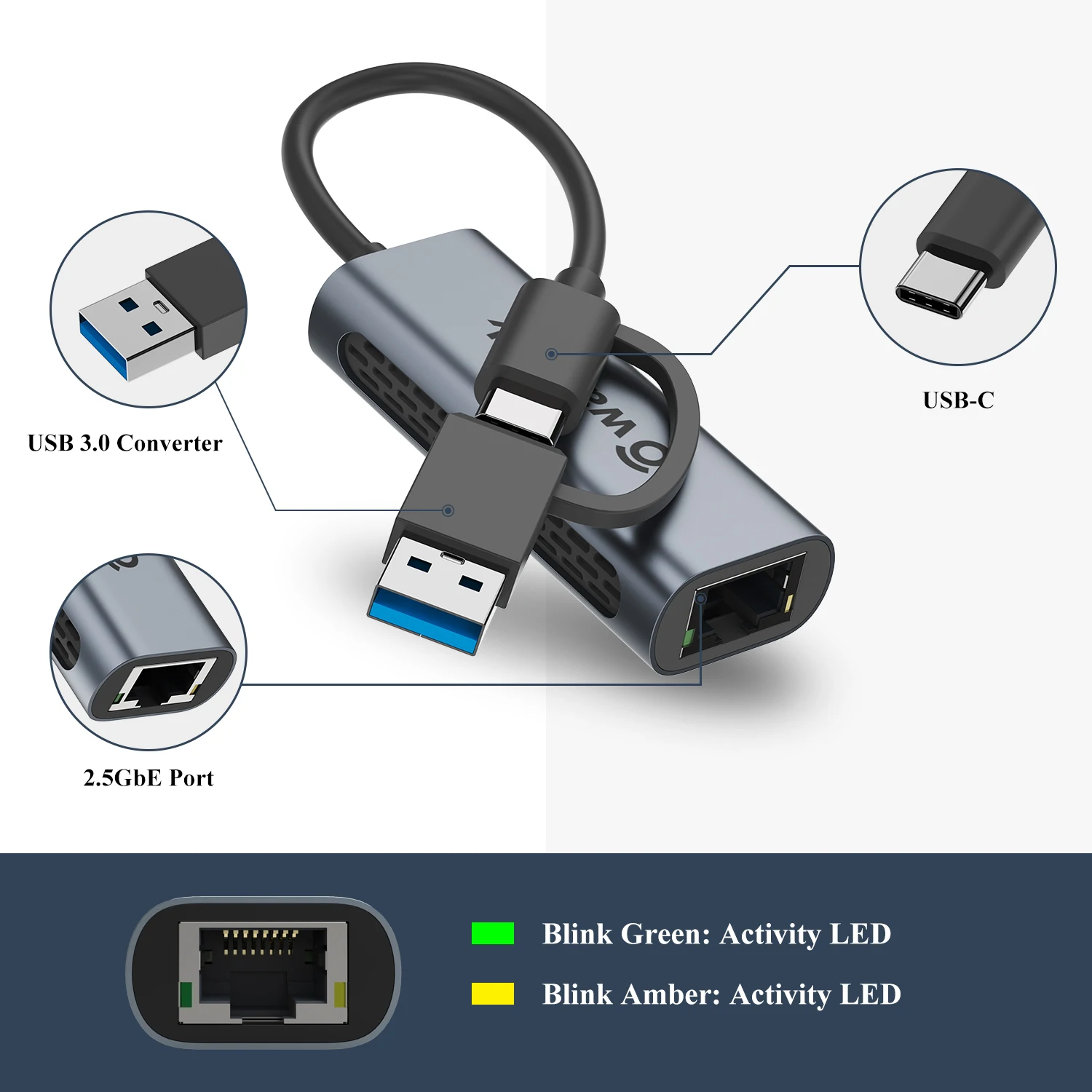 Wavexhaus- Adaptateur Ethernet externe USB C, 2500Mbps, 2.5G Gigabit, Type C vers carte réseau, RJ45 LAN, 2.5Gbps, Convertisseur USB 3.0 pour