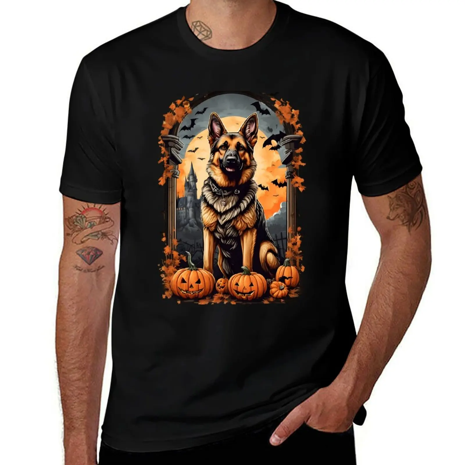 

Spooky Paws and Wagging Tails: A Halloween Adventure with a German Shepherd T-Shirt summer tops designer t shirt men