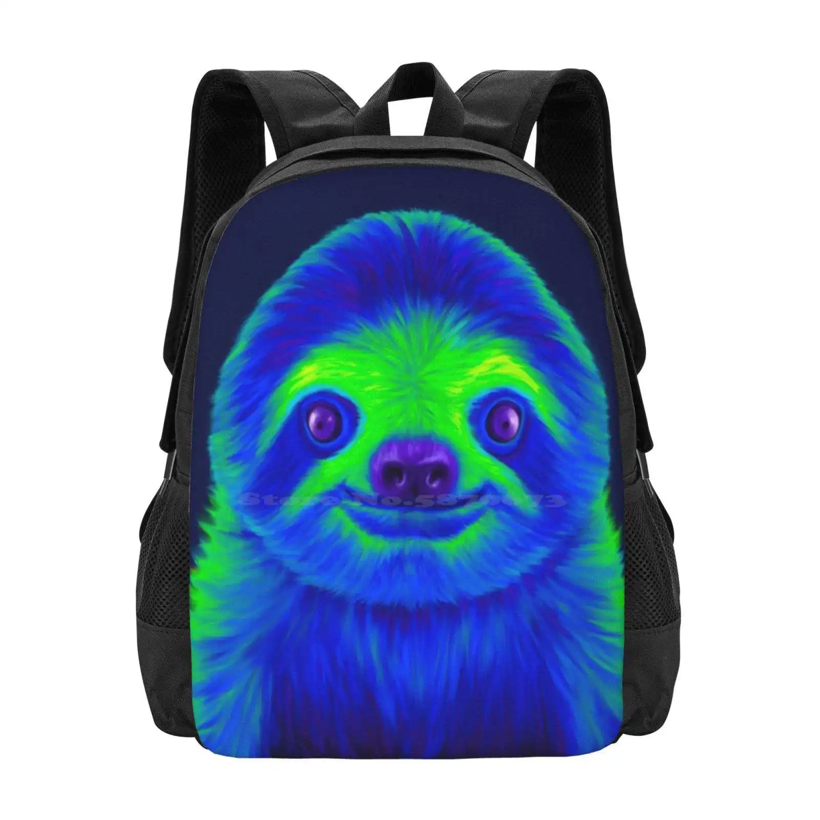 Mochila de diseño con estampado 3D de pereza azul y verde, bolsa de estudiante, púrpura, linda cara de pereza, Animal colorido azul