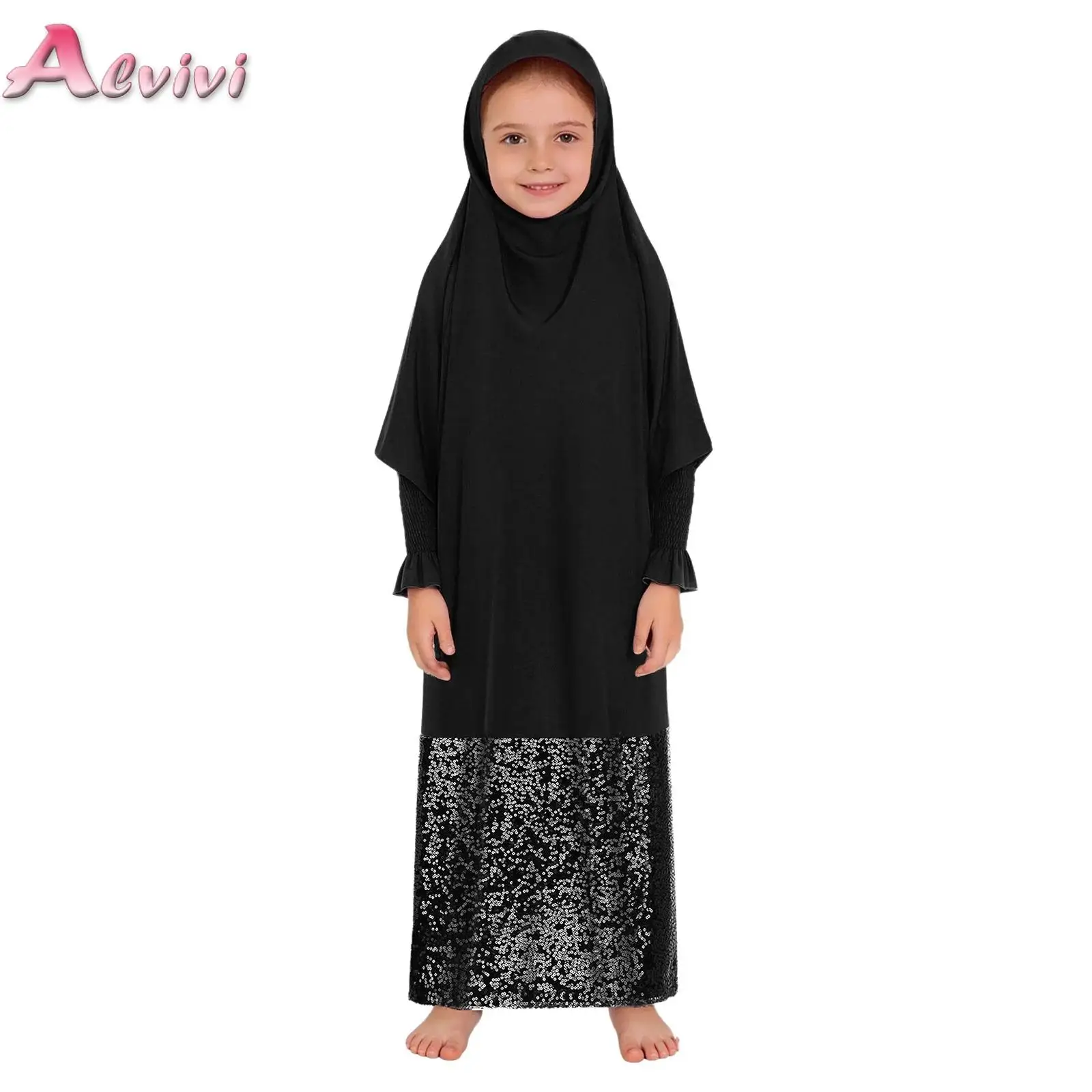 

Мусульманское платье-хиджаб для девочек, химар, одежда для молитв на Рамадан и Ид, бурка, абайя, кафтан, платье с капюшоном, расшитое пайетками, с лоскутным декором