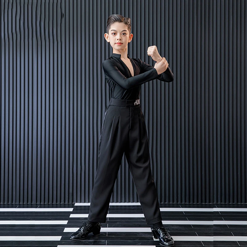 2025 terno de prática de dança latina manga comprida tops calças pretas roupas samba chacha rumba tango roupa de dança latina para meninos dqs19561
