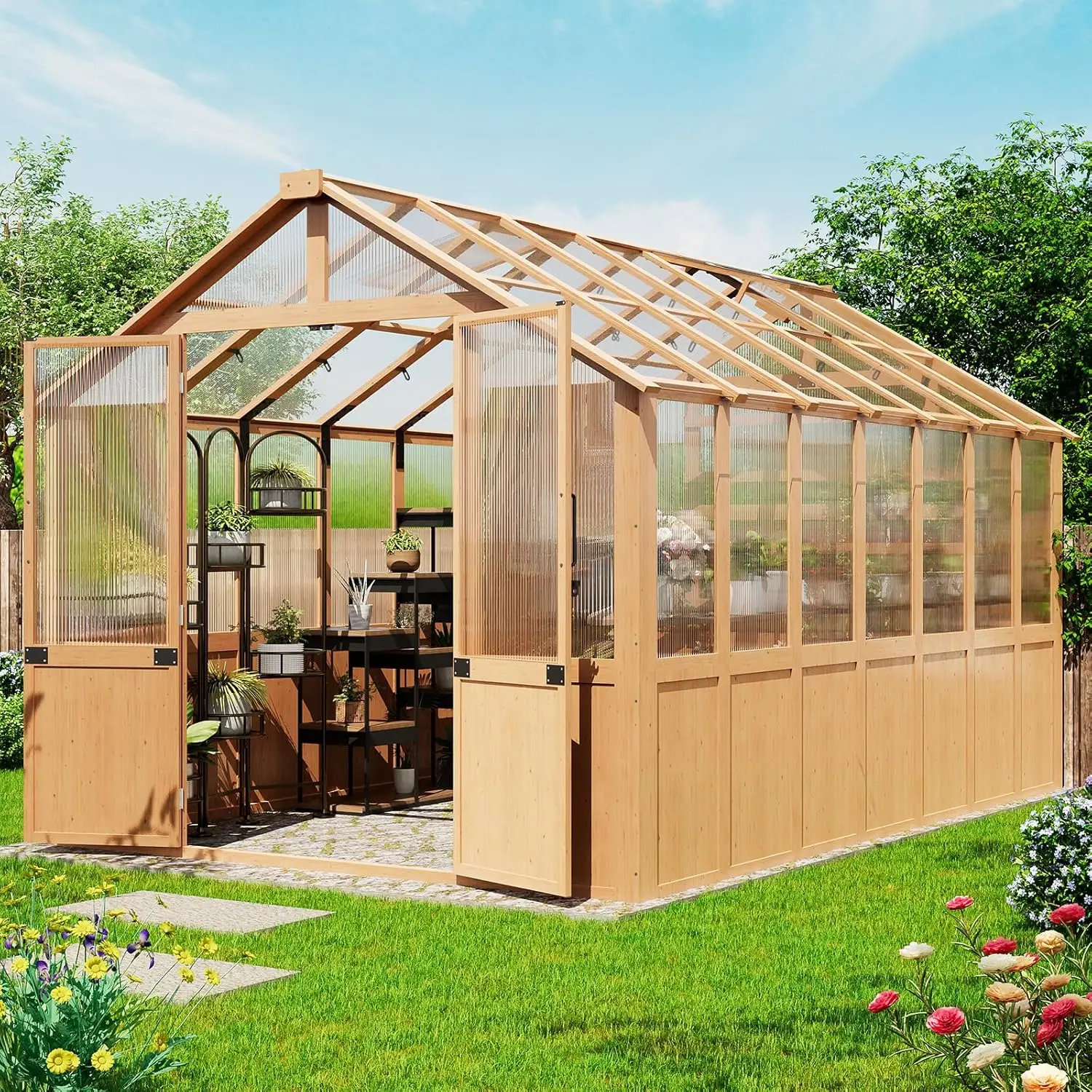 

8x12FT Wooden Walk-in Greenhouse with PC Panel, 2 Windows & 2 Doors, 24 Plant Hooks, Outdoor Year-Round Gardening, Custom