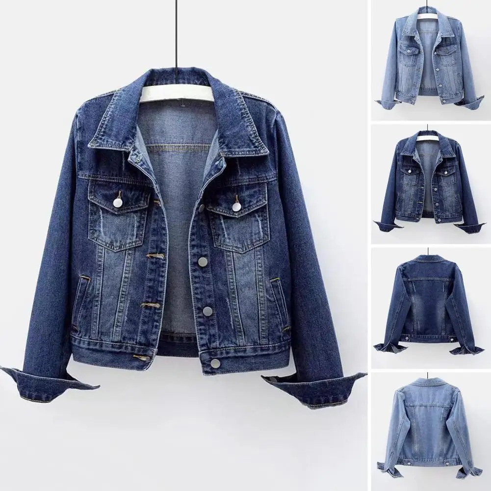 2024 New Women Jacket Turn-down Collar Long Sleeve Single-breasted Spring Autumn Denim Jacket Tops Color Solid Short Jean Jacket