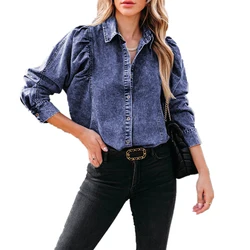 Chemisier à manches longues bouffantes pour femmes et filles, chemise en denim Boho, chemise de cow-boy en coton vintage, décontracté, printemps, automne, 2023