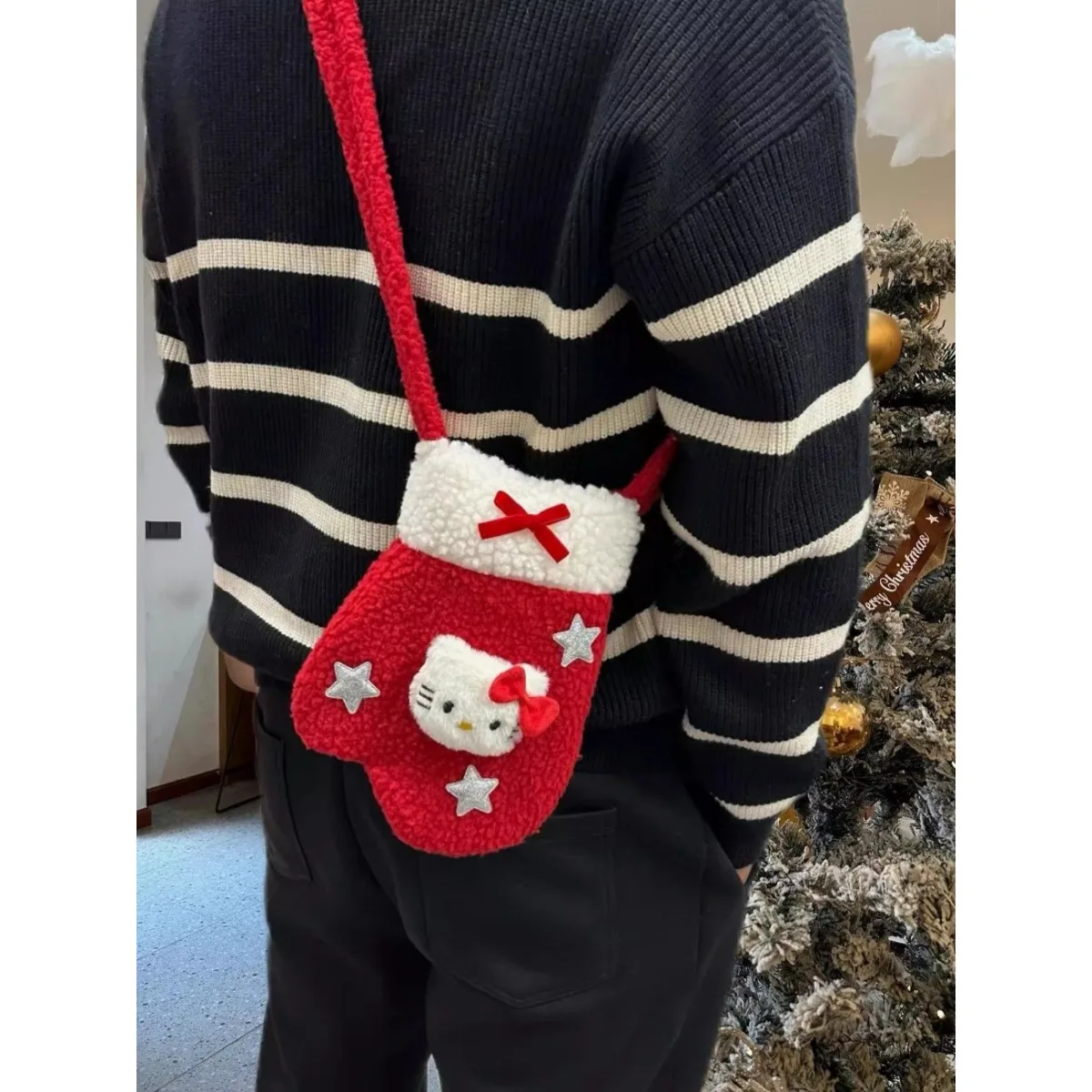 Olá kitty crossbody saco miniso dos desenhos animados kawaii natal pelúcia luva de ombro saco inverno versátil armazenamento do telefone móvel presente