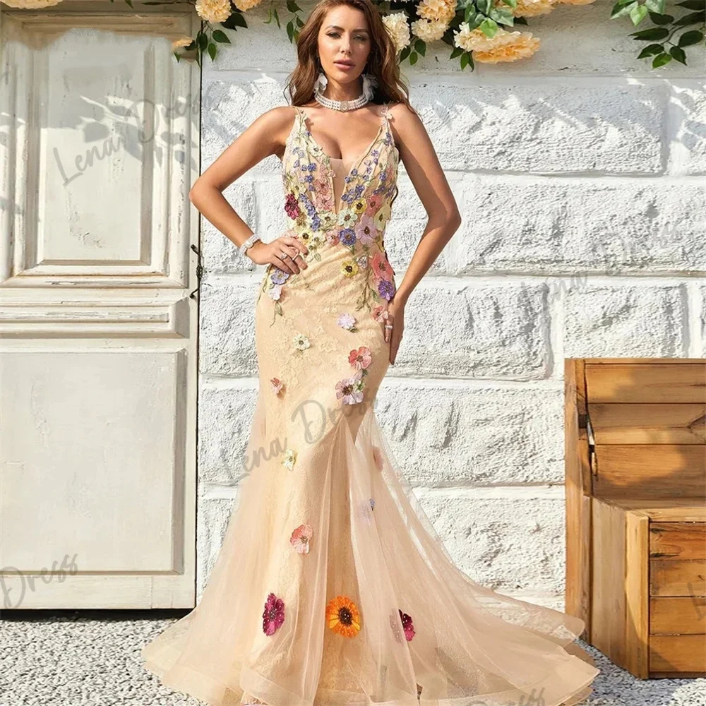 

Lena-3D Embroidered Flower Mermaid Ball Dress Elegant Women's Evening Dress Formal Evening Dress Champagne