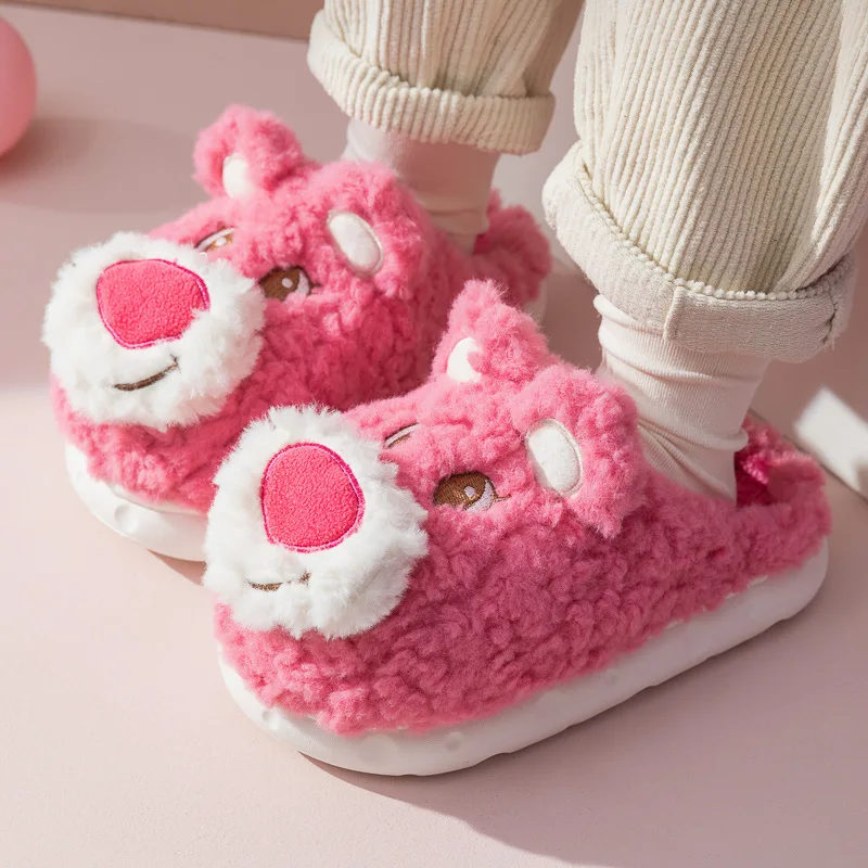 Disney Plush Bear Girls' Winter Warmth Cotton Shoes Lotso Cute Cartoon Home Non slip Soft Sole Children's Slippers Size 26-33