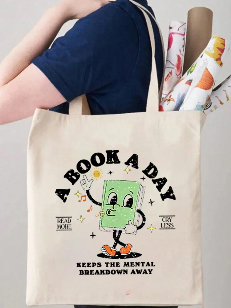 

1pc Book Day Tote Bag Shopping Bag Carrier Bag Vintage Casual Canvas Shoulder Bag Perfect For Outdoors Travel Gift