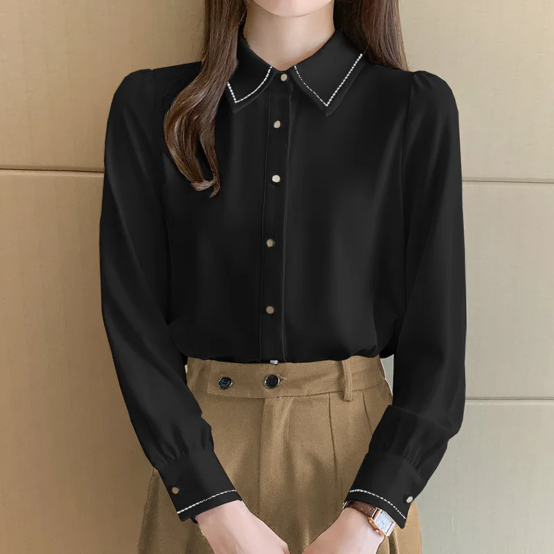 

2025 New Women's Spring Autumn Shirt - Long Sleeve Turn-Down Collar Solid Casual Professional Top