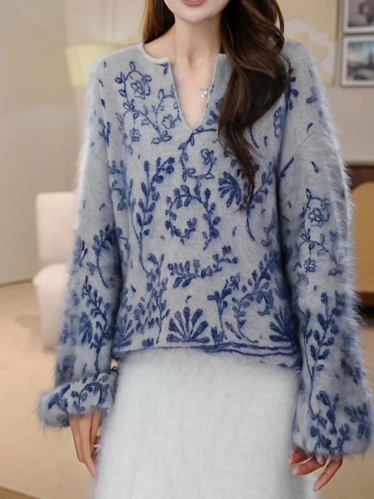 

Новый осенний свитер 2025 года в китайском ретро-стиле с принтом, круглый вырез, женский модный универсальный облегающий топ