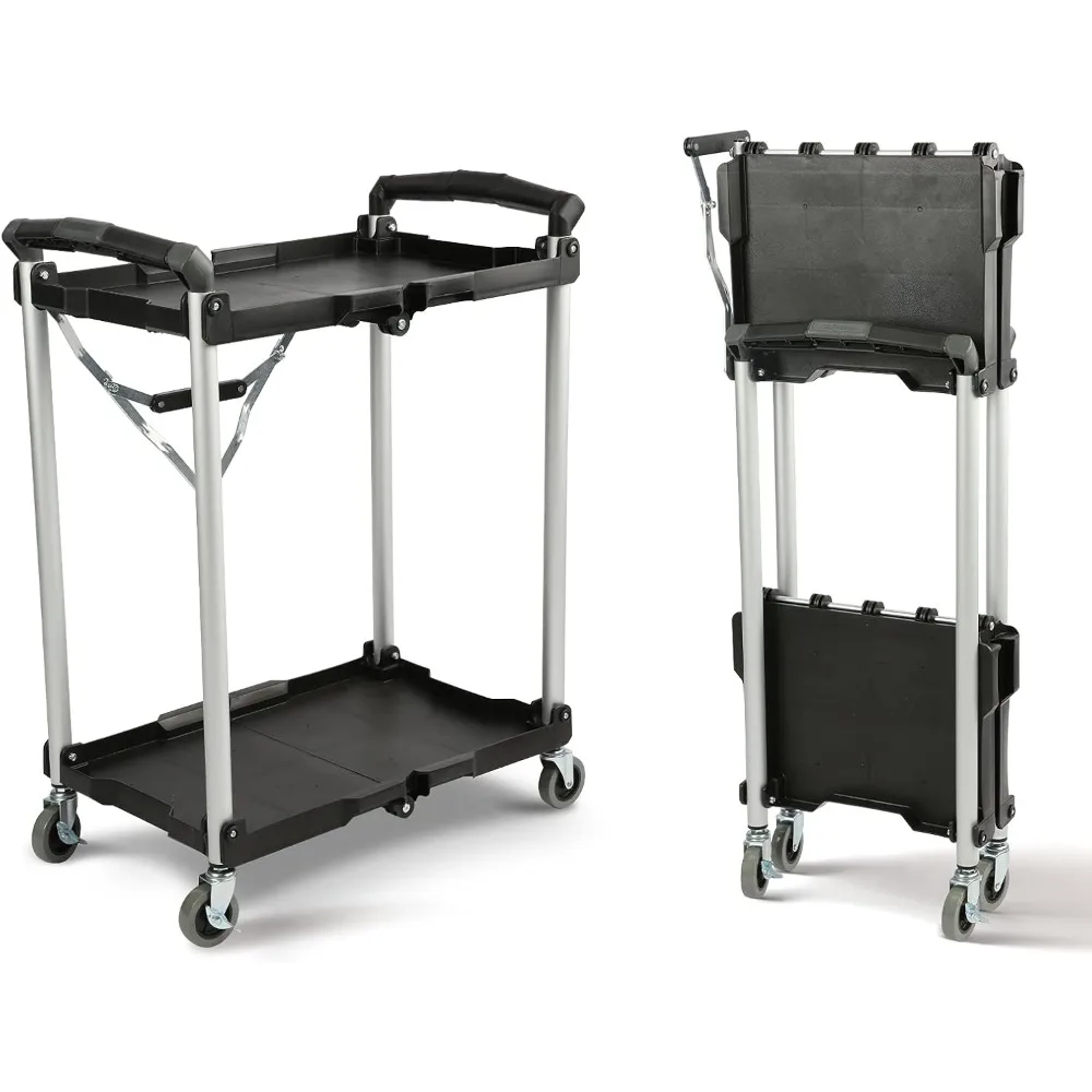 Olympia Tools 89-356 Folding Service Cart, Black, 50 lbs. Load Capacity per Shelf, 2-Tier Storage