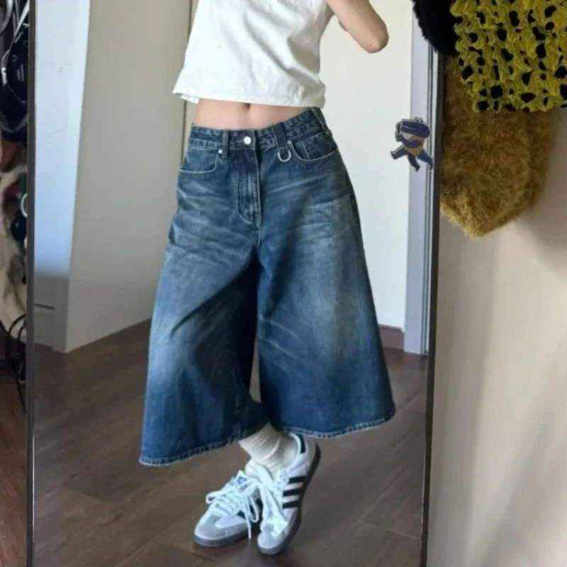 QWEEK Baggy Y2k Jorts Vintage Loose Knee Length Shorts Jeans Streetwear Oversized Wide Leg Denim Pants America Casual Trousers