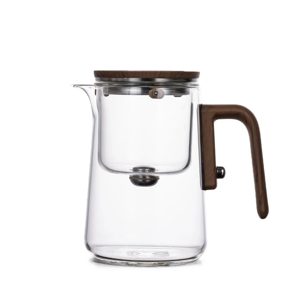 One Click Magnetic Switch Water Separation Inner Container Teapot Glass Wood Handle Filter Tea Cup Heat-resistant Clear