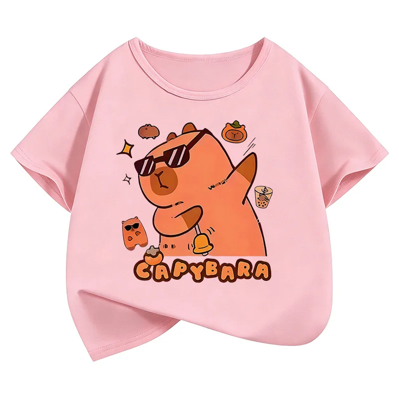 Summer Spring Cute Capybara Print Round Neck Short Sleeved Tee Shirt for Boys and Girls Fashionable Simple Children's T-shirt