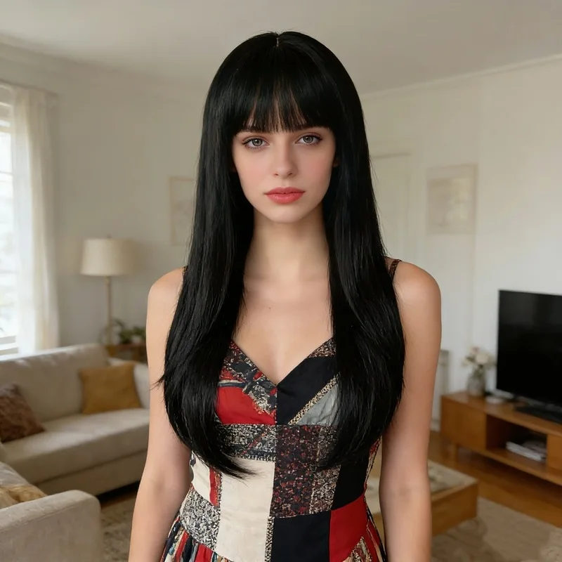 Long Straight Hair Air Bangs Women'S Wig Fashionable Outdoor Travel Party Wear Head-Mounted Simulation Synthetic Wig