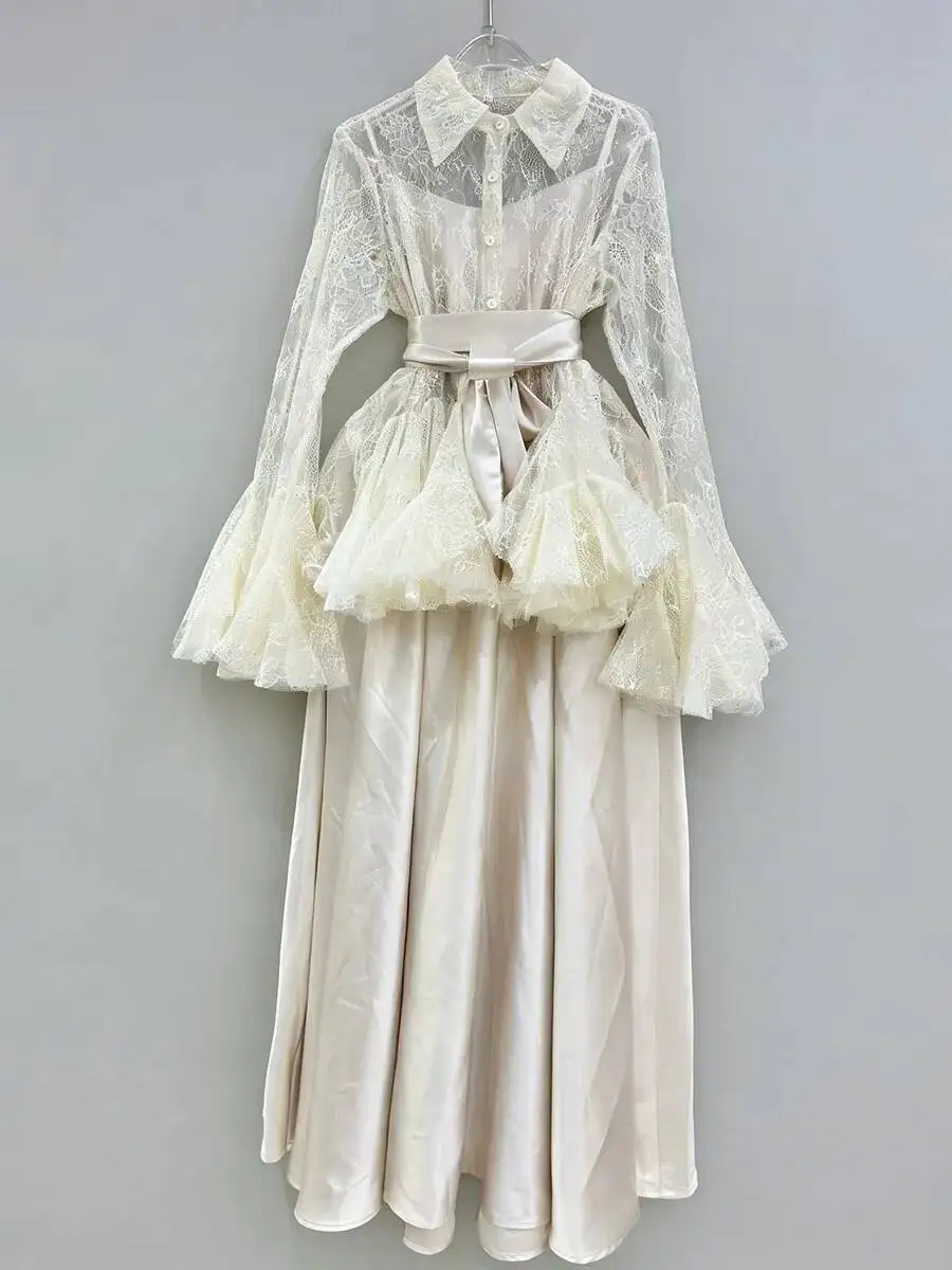 BJTZ Dames 2026 Nieuwe Elegante Temperament Kant Satijn Set Elegante Pure Ruche Blouse + Rok Lente Herfst Luxe Coord