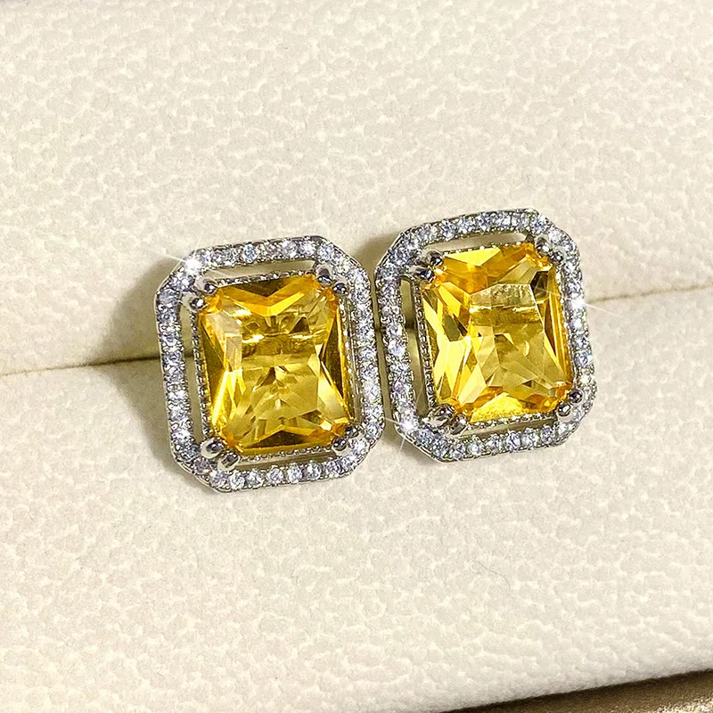 Huitan Square Yellow Cubic Zirconia Stud Earrings for Women Bright Earrings Wedding Party Temperament Elegant Female Accessories