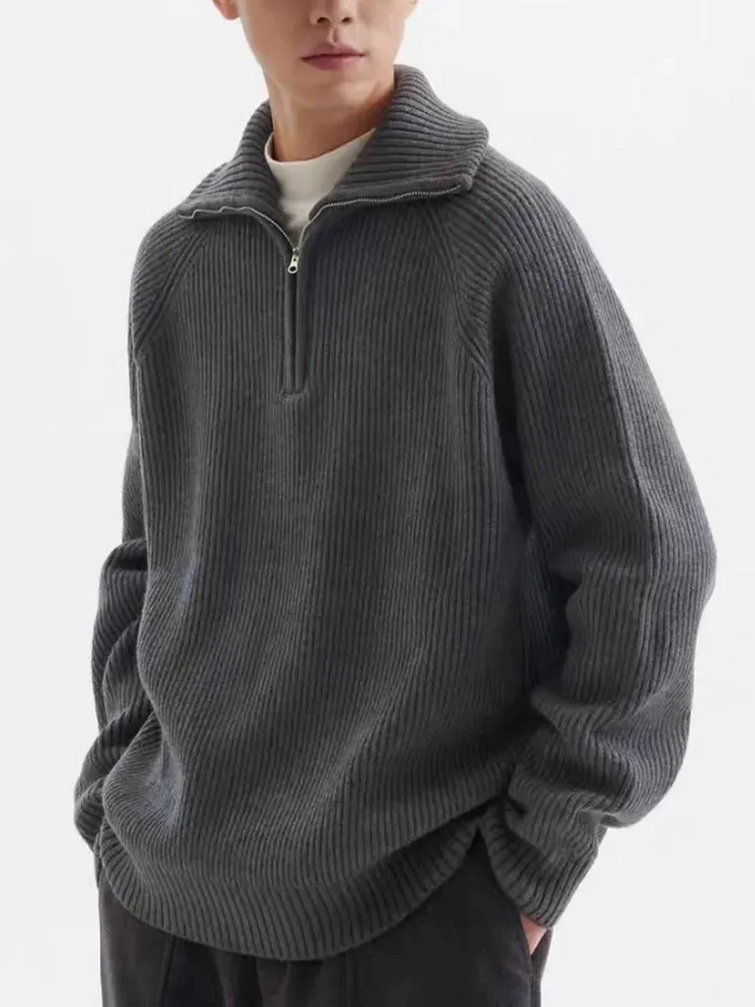 

American Sle Loose Fit High Collar Knitted Sweater Men's Autumn Winter Warm Base Layer Overhead Sweatirt Pure Color