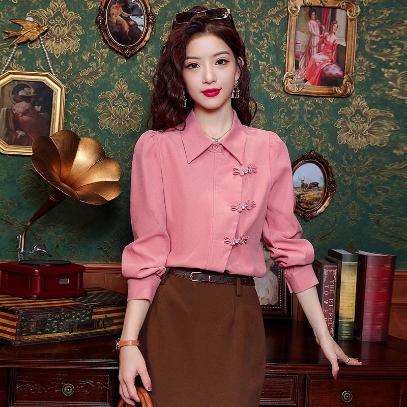 Sprint Long Sleeve Turn Down Collar Women Shirt Chinese Style Casual Shirt Blouse Women Tops  Blusas Mujer De Moda 2024 J855