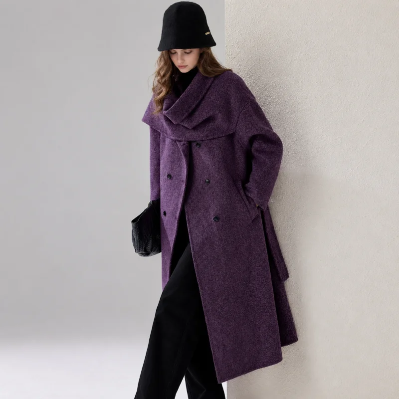 Women's Oversized Wrap Long Coat, Draped Cowl Collar Belted Maxi Winter Outerwear
