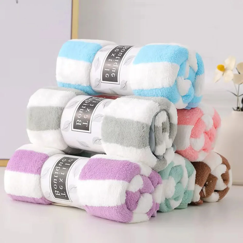 35x75cmHome Essentials Deluxe Thick Color Strip Warp Knitted Coral Velvet Towel Super Soft Absorbent Home Day Preferred Gift